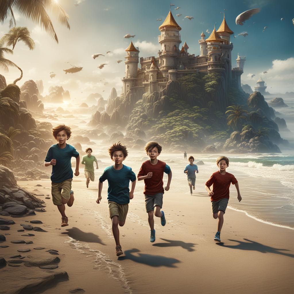 Boys Running on Beach in Detailed Matte Painting