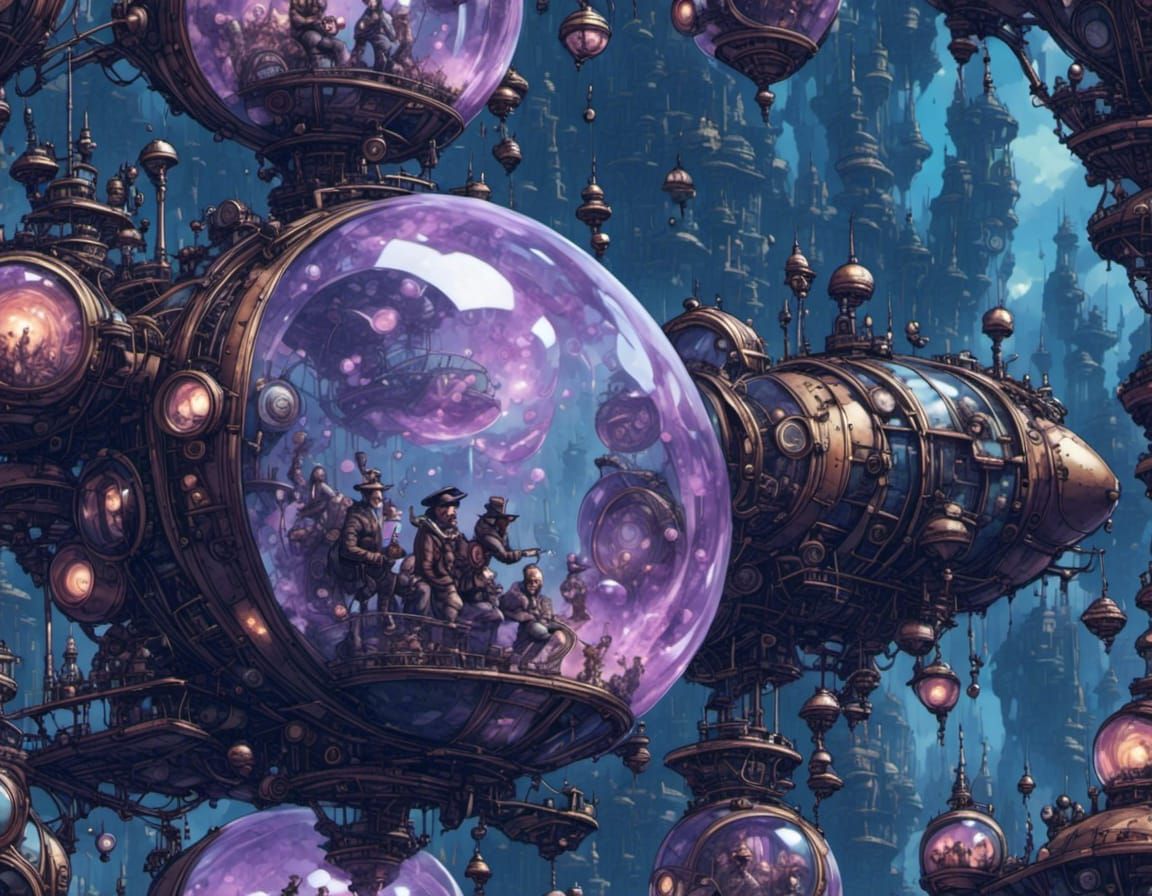 Steampunk Spaceship with Pilots in Starlight