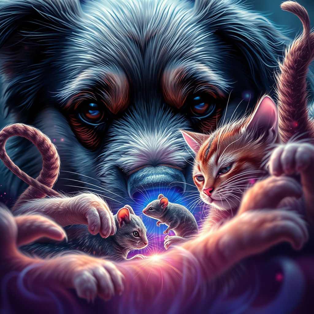 Dog Watches Cats Fight in Iridescent Cosmic Illustration