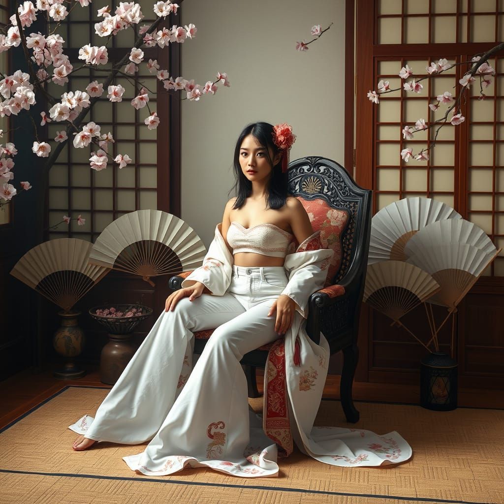 Geisha in Modern Attire Amidst Cherry Blossoms