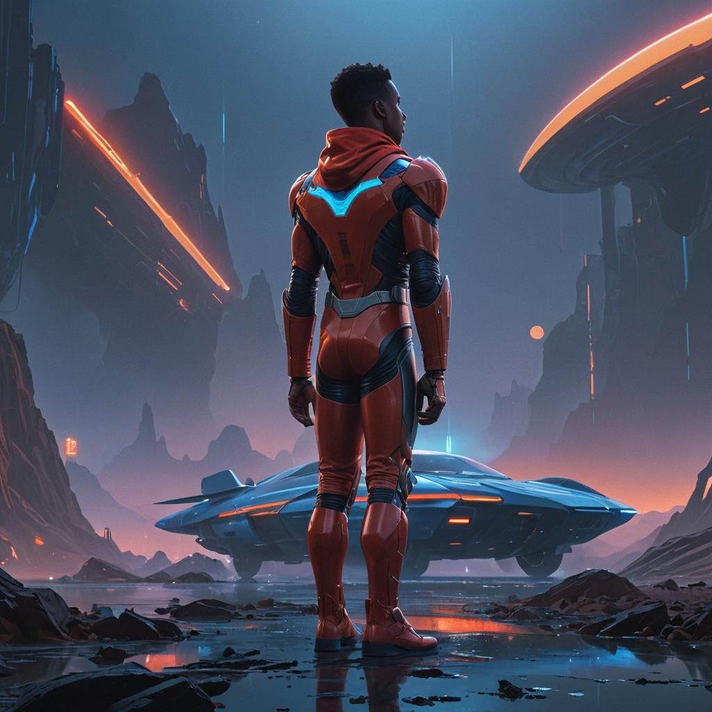 Retro-Futuristic Superhero in Neon Landscape