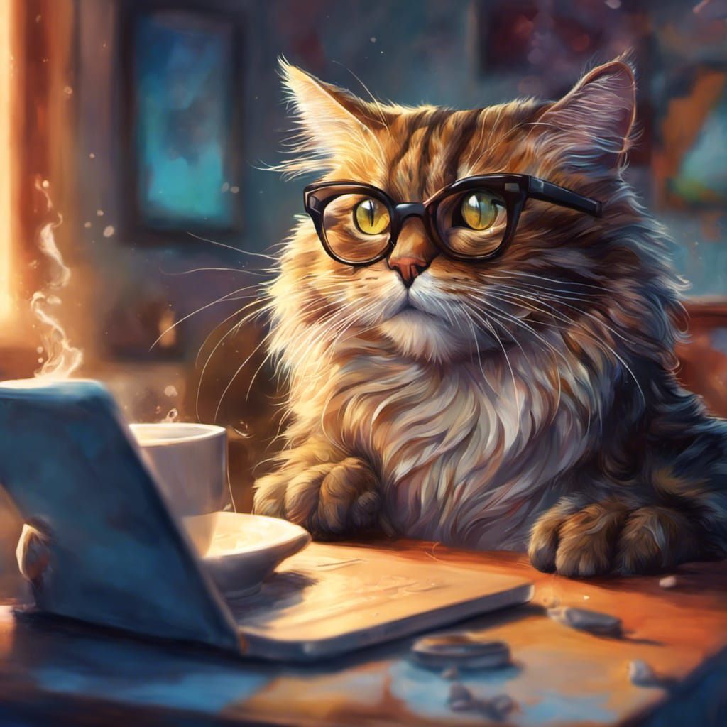 Cat with Eyeglasses Working on Computer