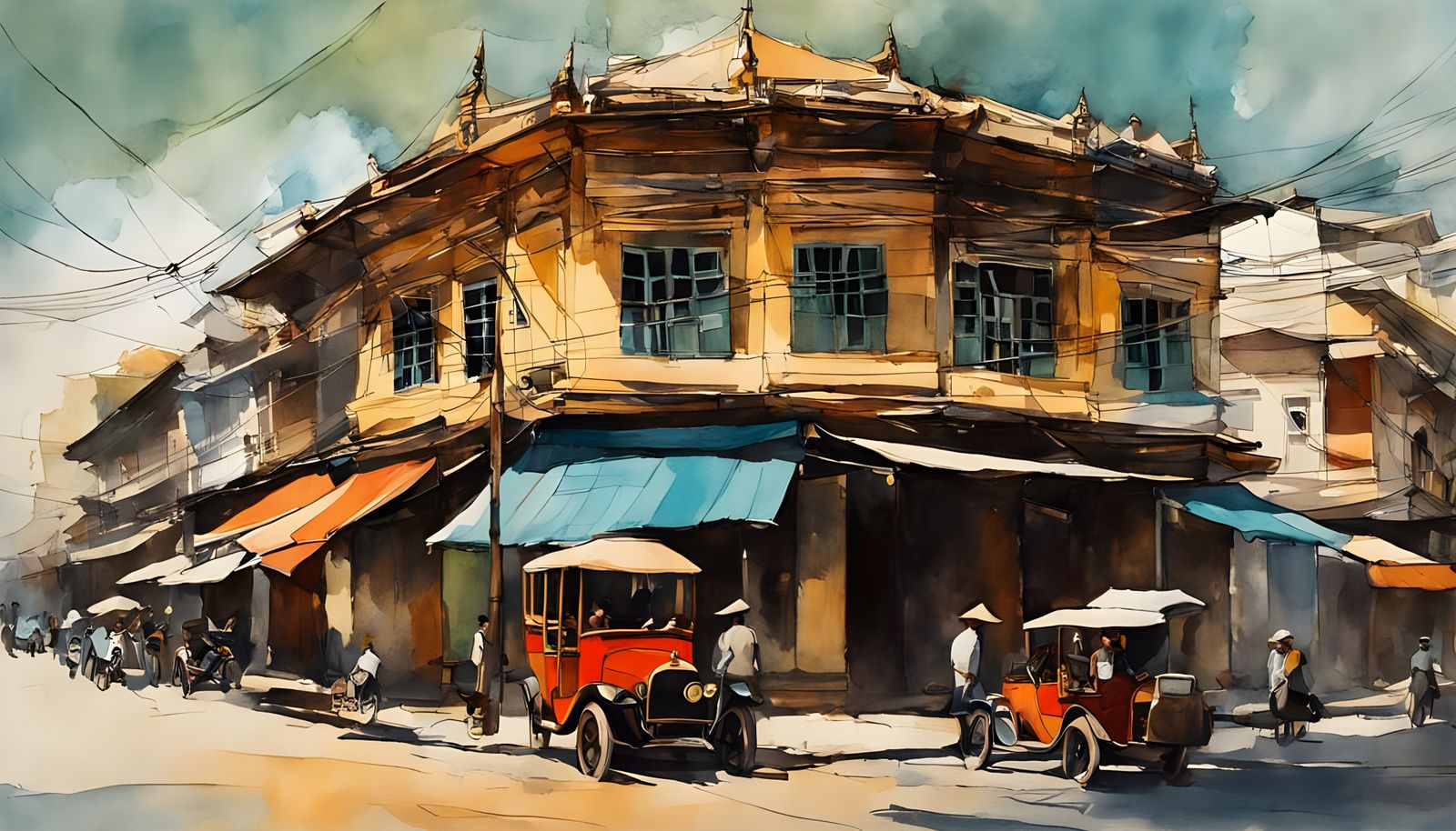 1920s Phnom Penh Street Scene in Vintage Urban Sketch Style