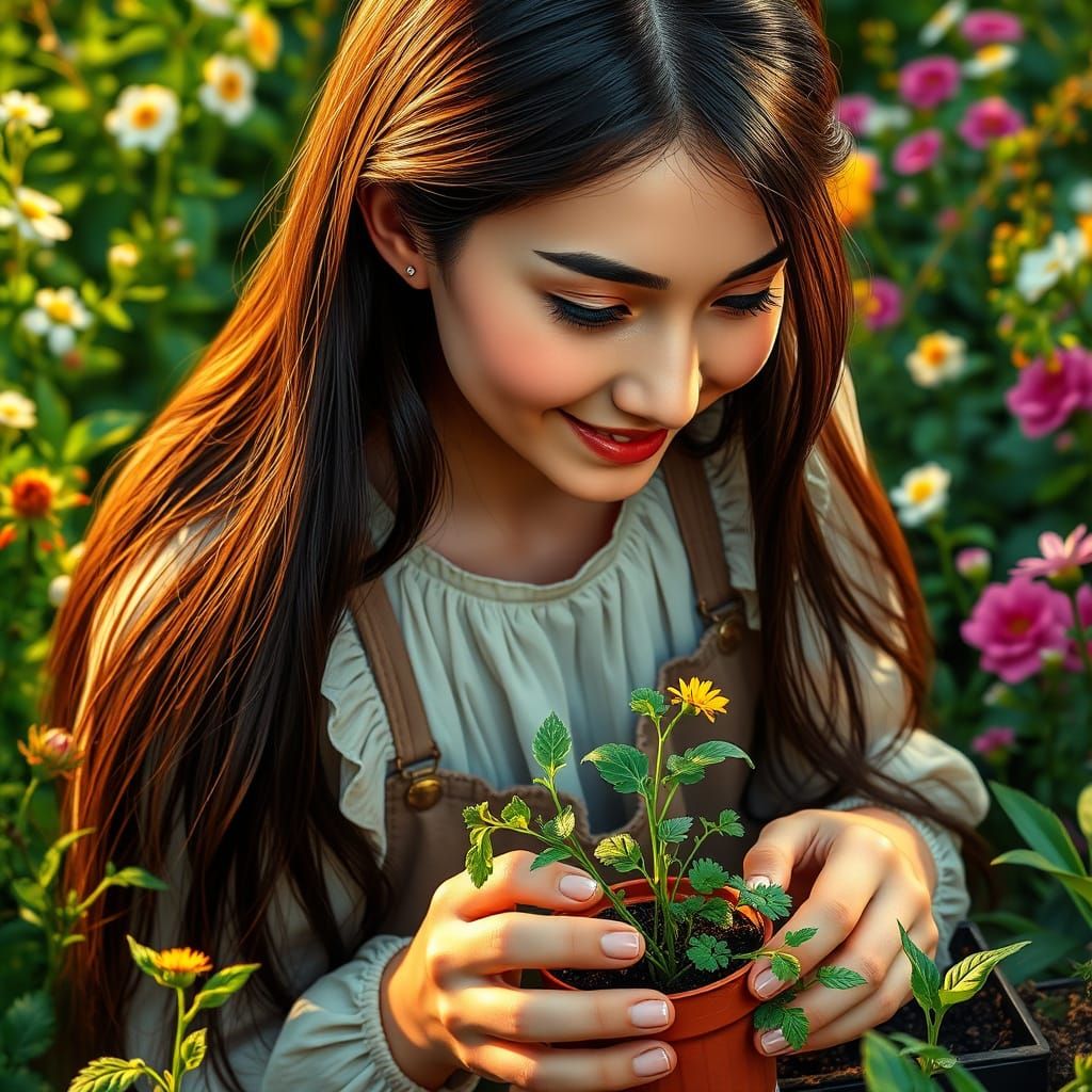 Gentle Tradwife Tends Vibrant Spring Garden in Hyperrealisti...