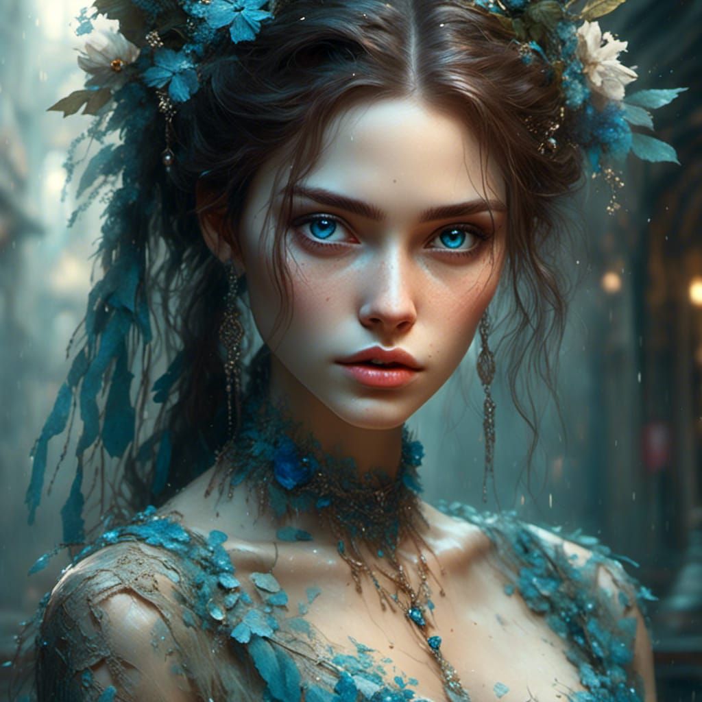 Ethereal Portrait of Young Woman with Blue Eyes