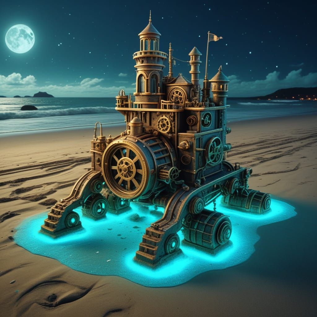 Steampunk Sandcastle on Bioluminescent Beach