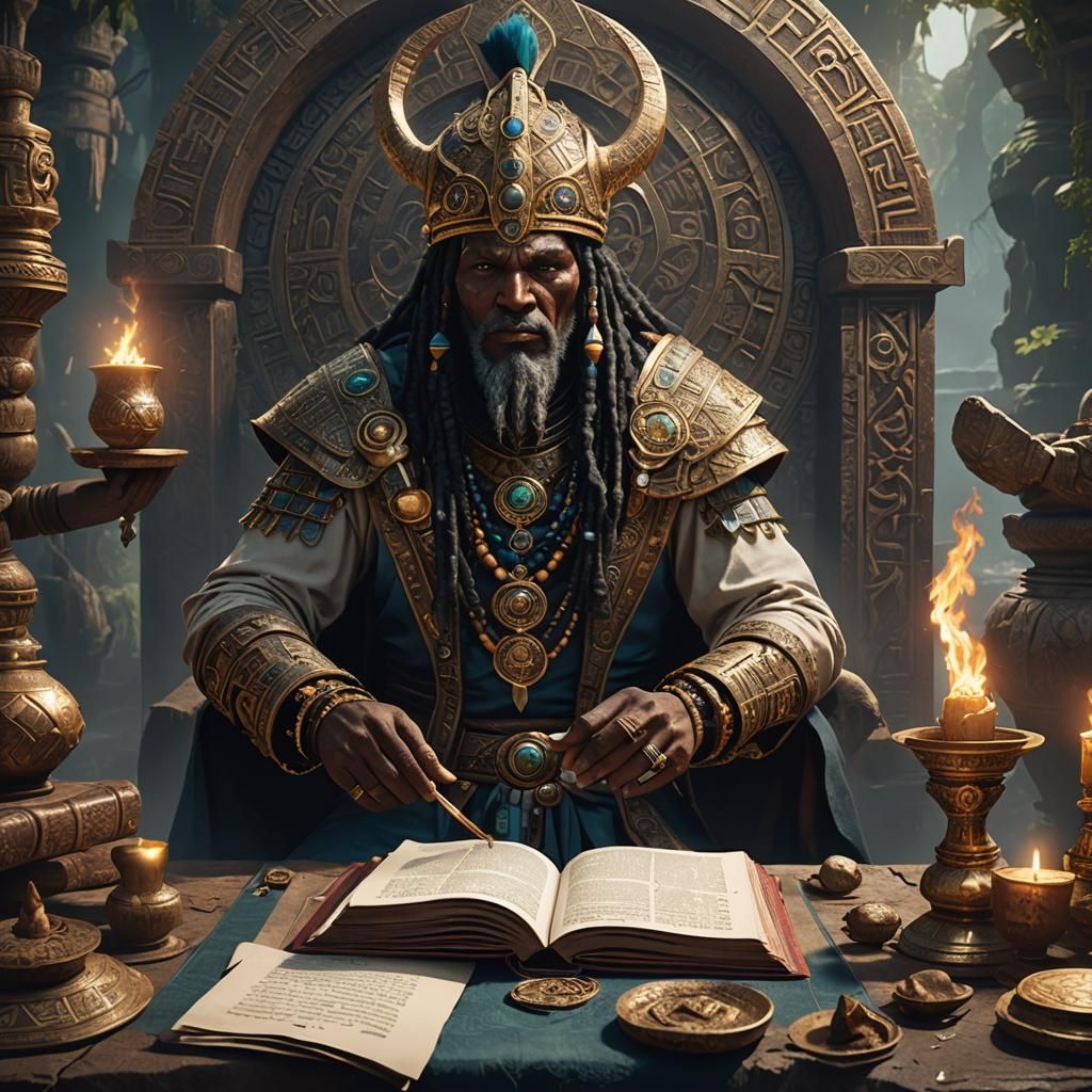 Theophylline the head chieftain of the onyx tribe reads the prophecy regarding Jashiamel.