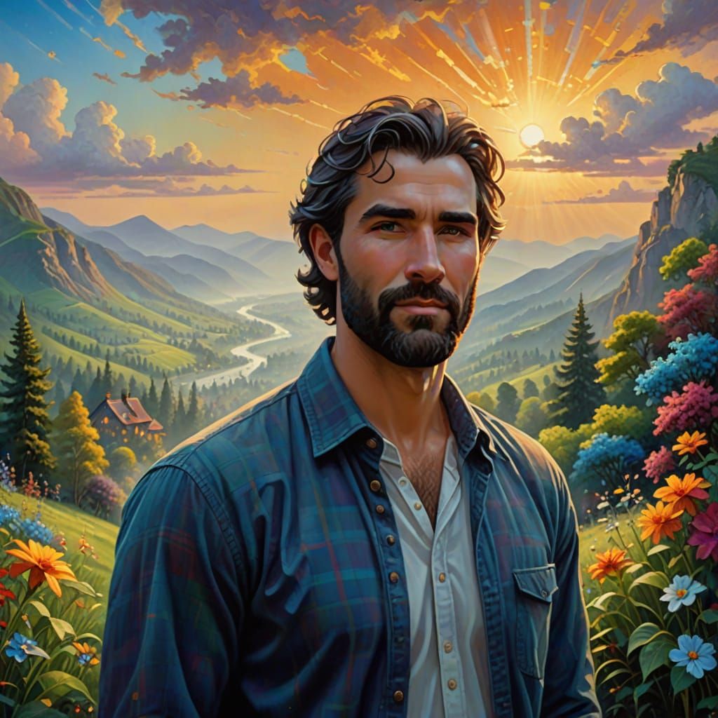 Handsome Bearded Man in Gingham Shirt in Mountain Landscape