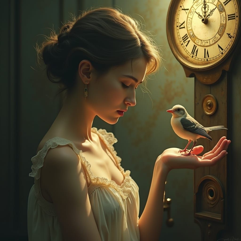 Sorrowful Woman with Bird in Golden Light