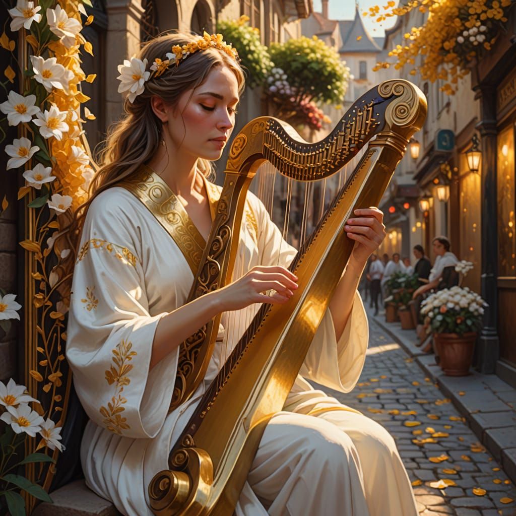 Woman Plays Harp on Golden Street as Oil Painting