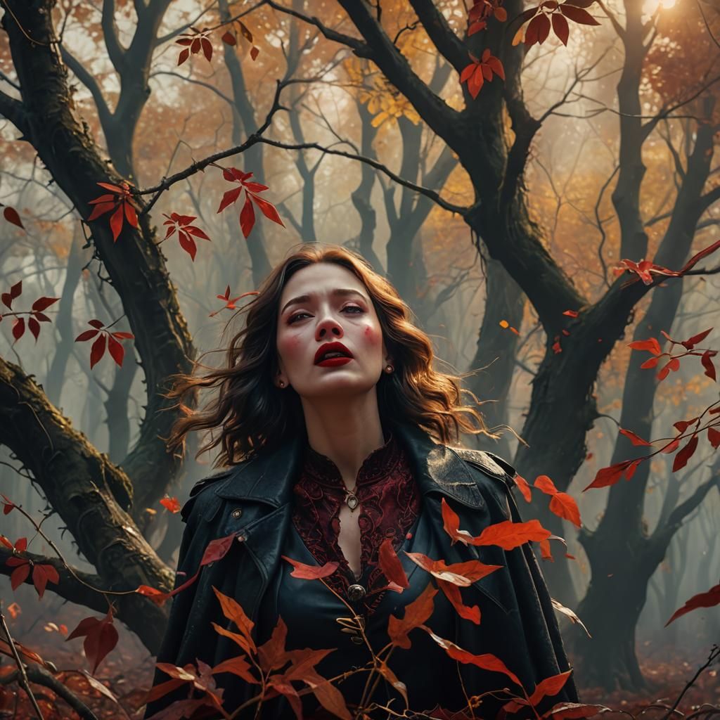 Woman Cries Golden Tears in Autumn Forest