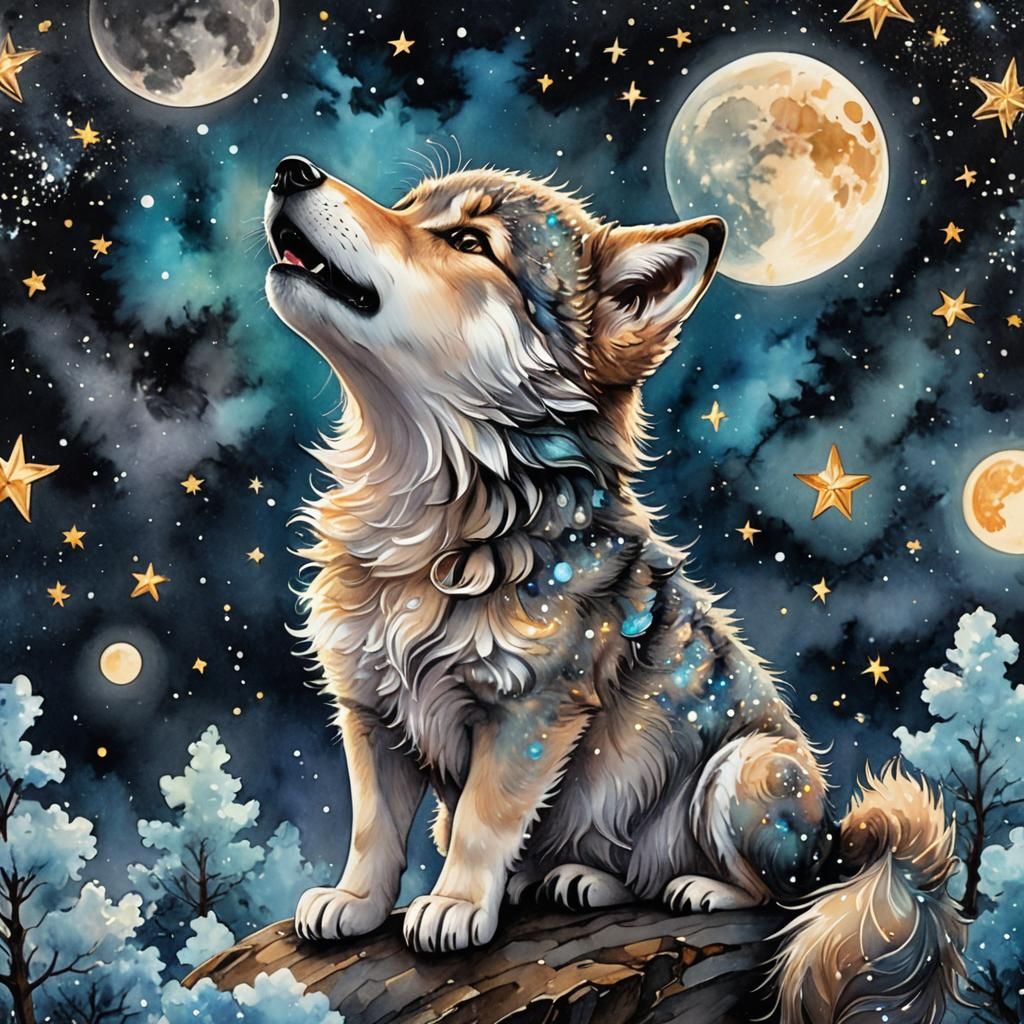 Wolf Cub Howling at Starry Moon, Hyperrealistic Art