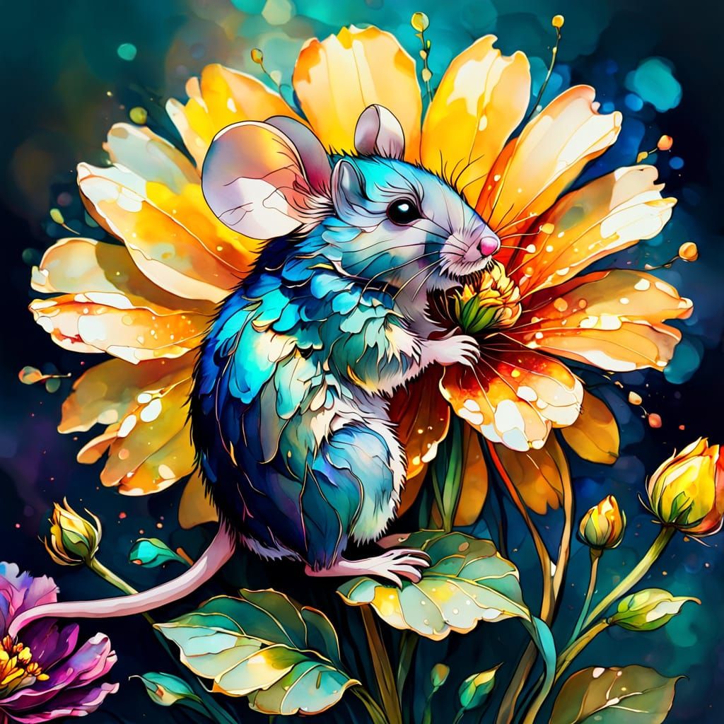 Tiny Mouse Exploring Giant Flower in Alcohol Ink