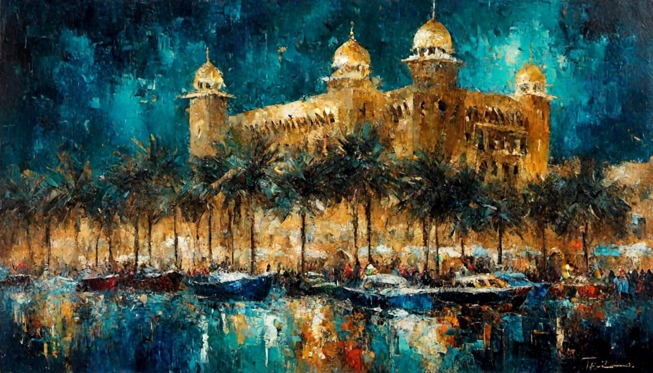 Burg Al Arab at Night: Oil Painting on Canvas