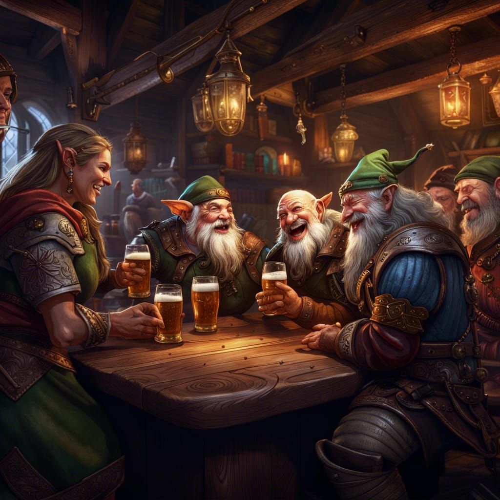 Elves and Dwarves Laughing in Tavern, Fantasy Art