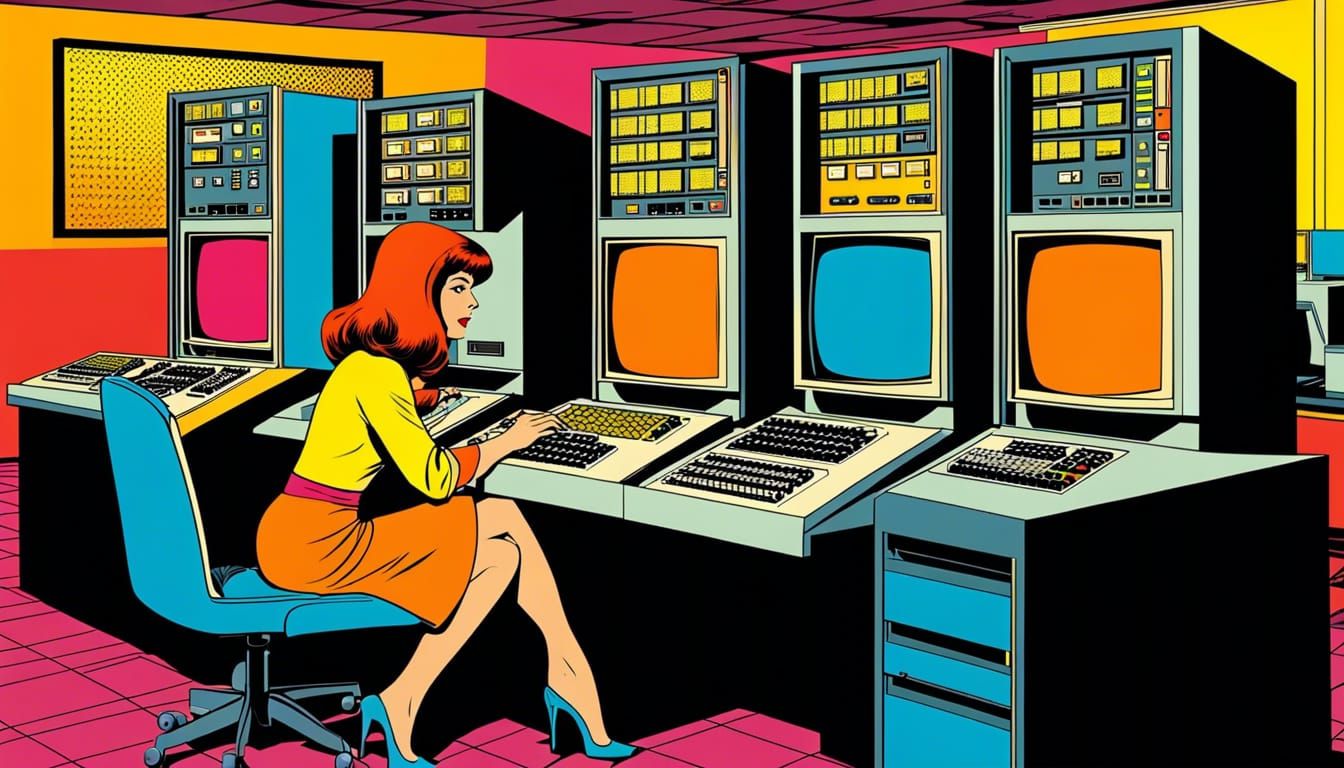 1970s Computer Room Woman in Pop Art Style