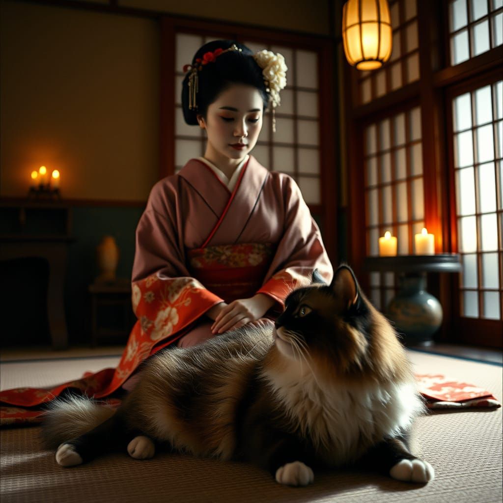 Serene Geisha in Traditional Japanese Room with Majestic Cat