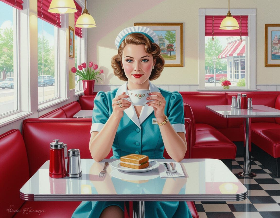 Vintage Diner Waitress Portrait in Storybook Watercolor Styl...