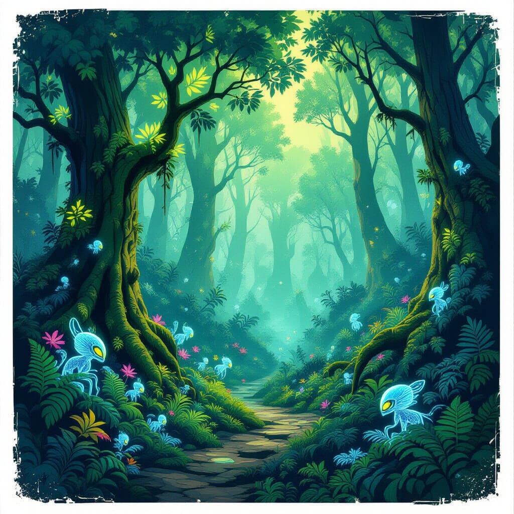 Bioluminescent Forest: A Vintage Botanical Illustration