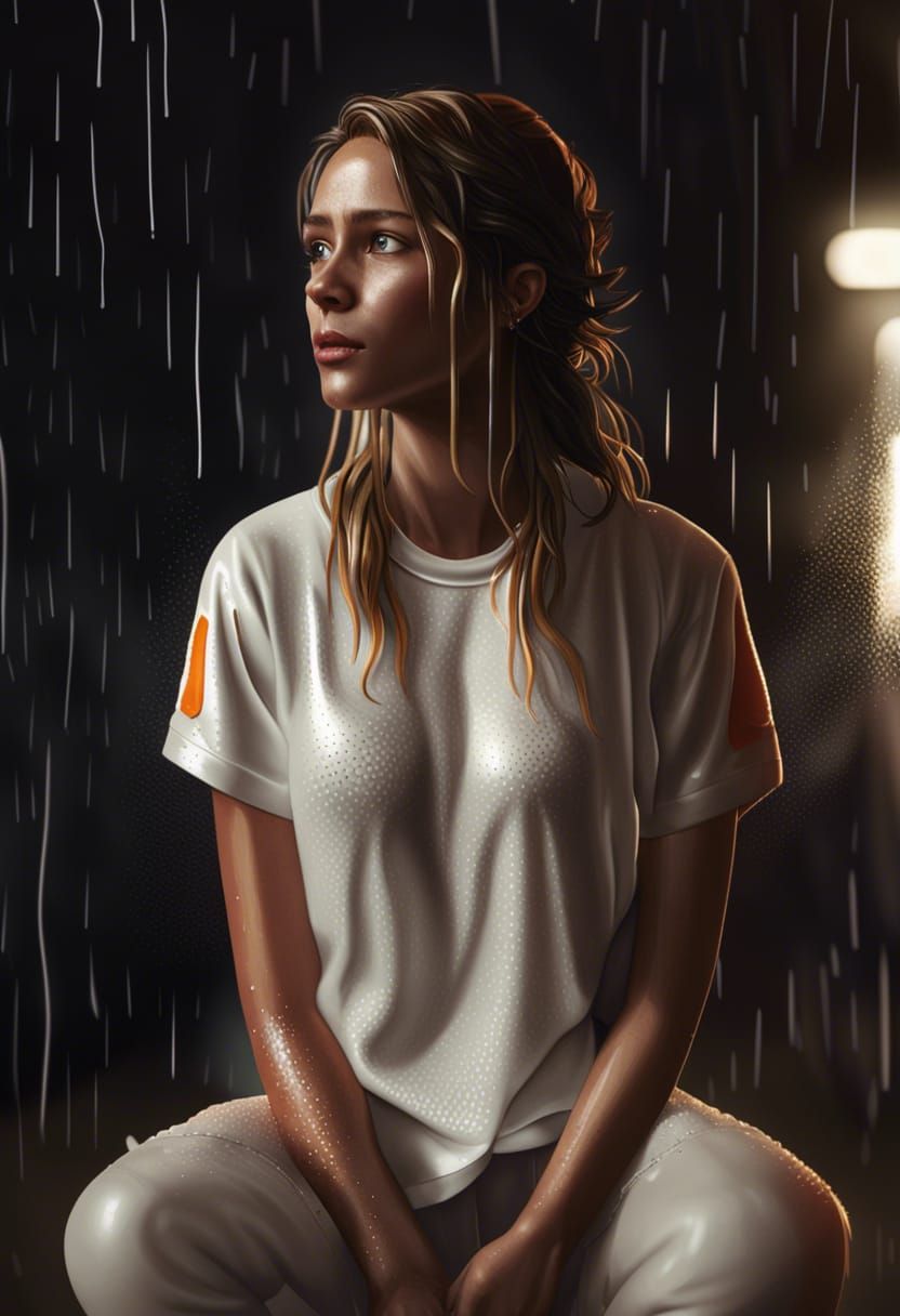 Woman in Rain: Photorealistic Anime Poster