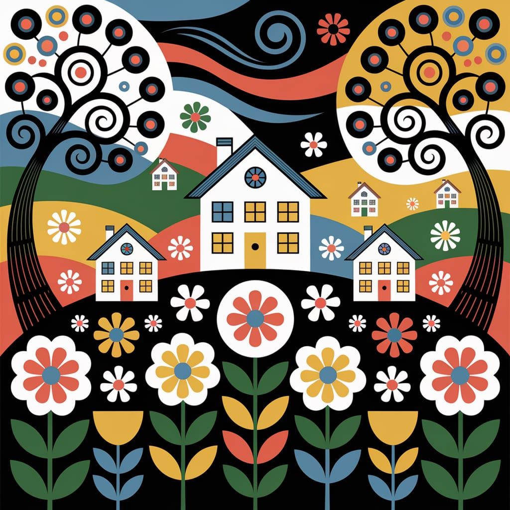 Whimsical Folk Art Hillside with Colorful Houses and Trees