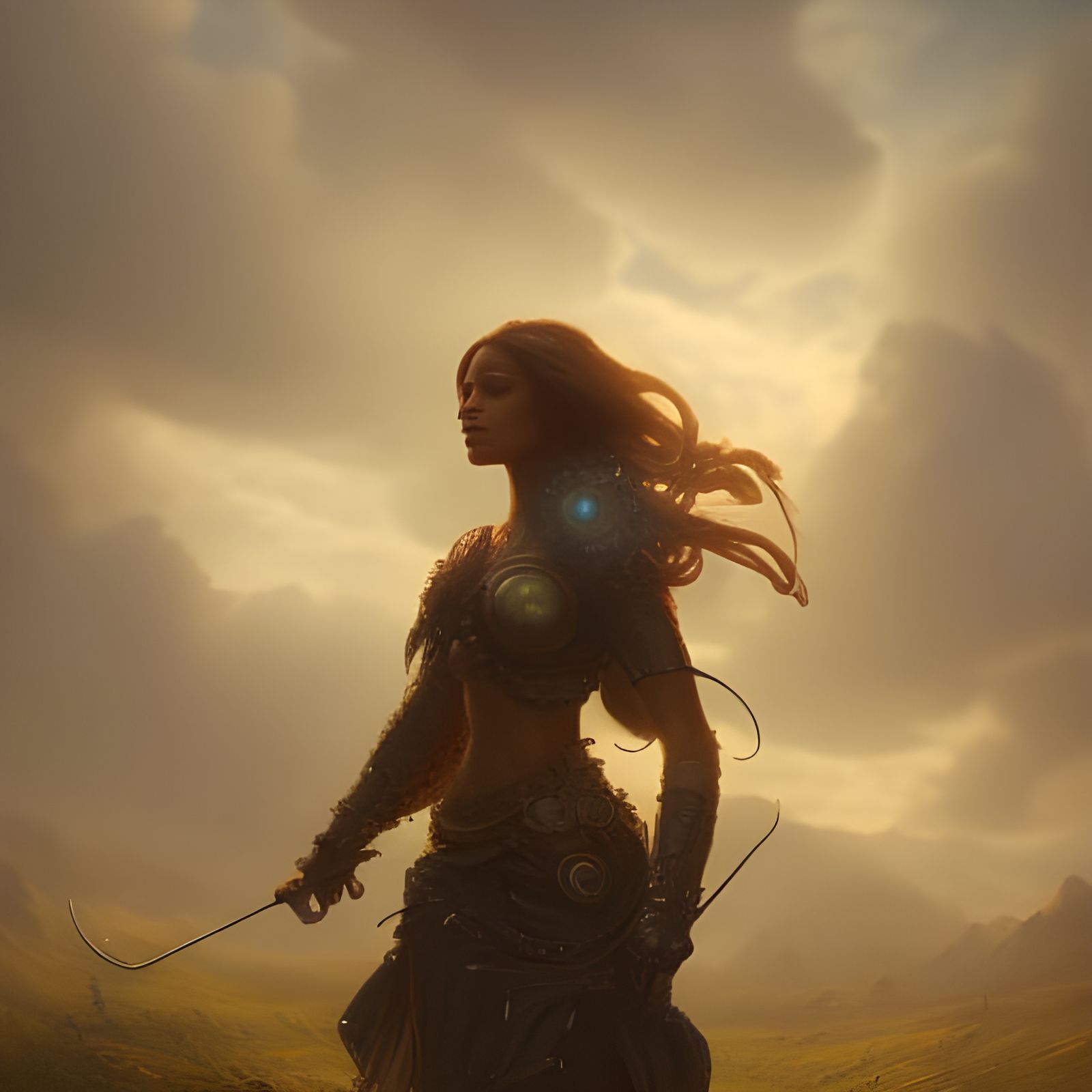 Female Archer in Wheat Field, Steampunk Matte Painting