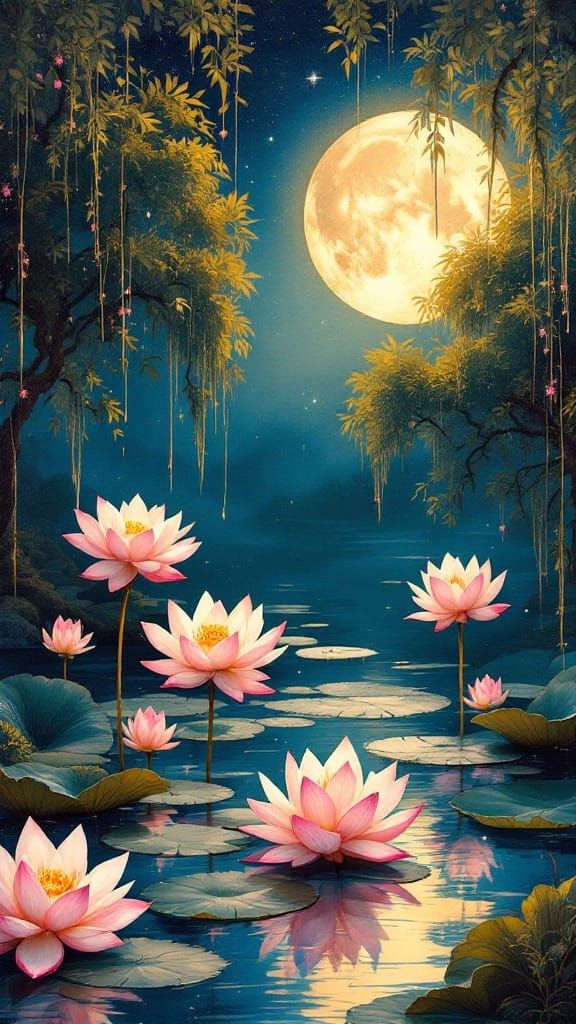 Serene Nighttime Lotus Blooms in Gouache Impressionist Maste...