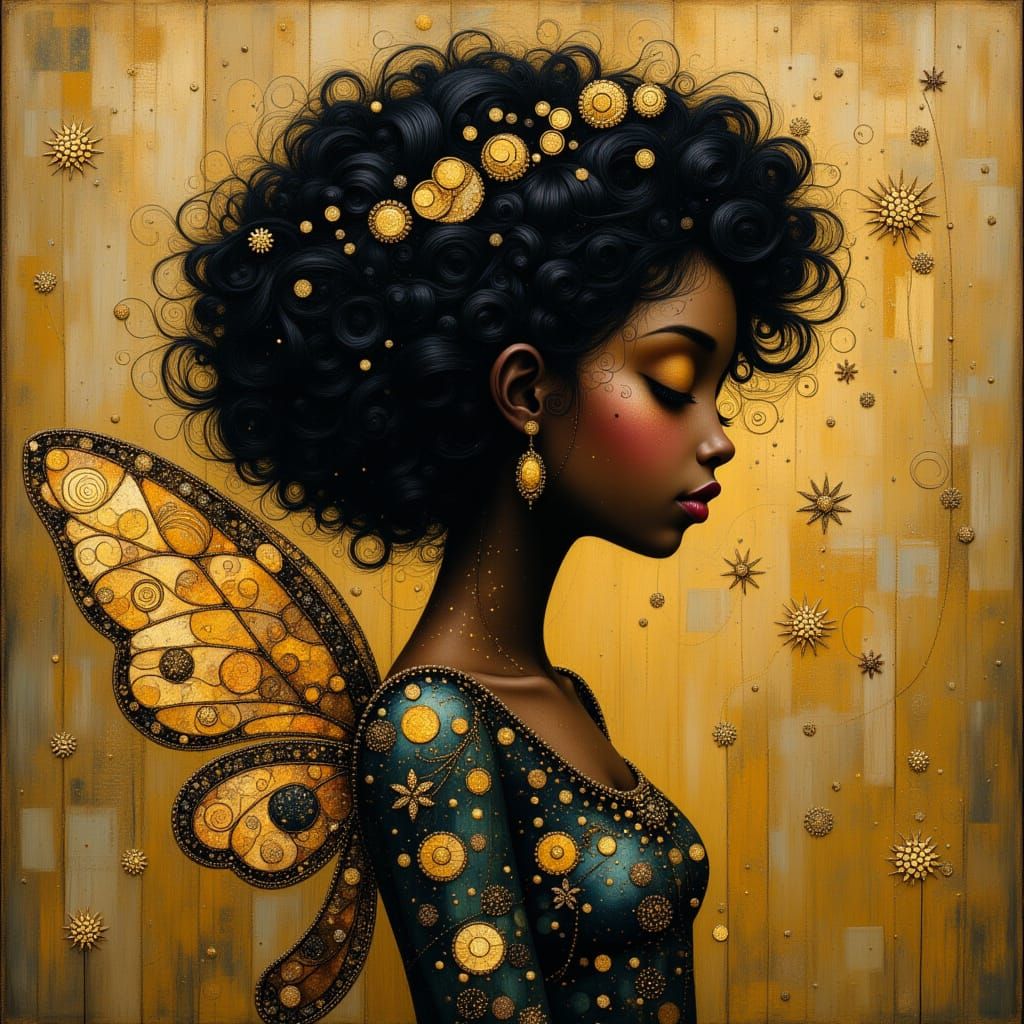 Black Fairy with Gold Wings in Klimt Style