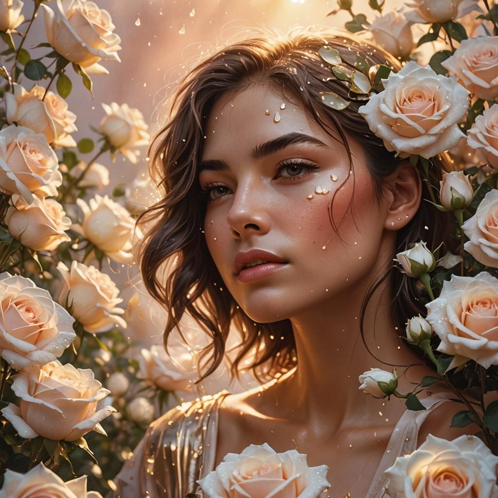 Woman Surrounded by Roses at Dawn: Hyperrealistic Splash Art