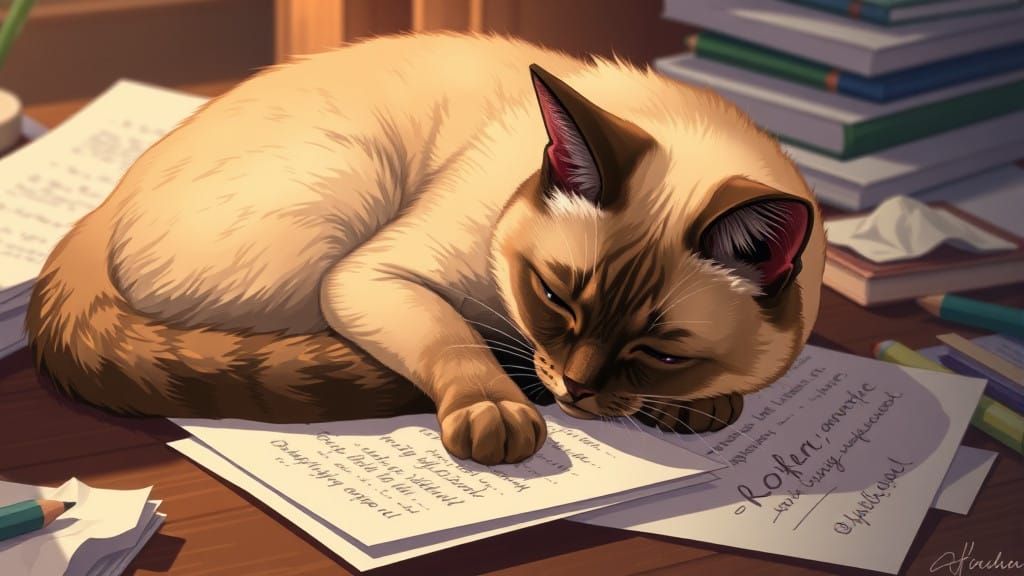 Anime Siamese Cat Winds Down Amidst Scribbled Notes