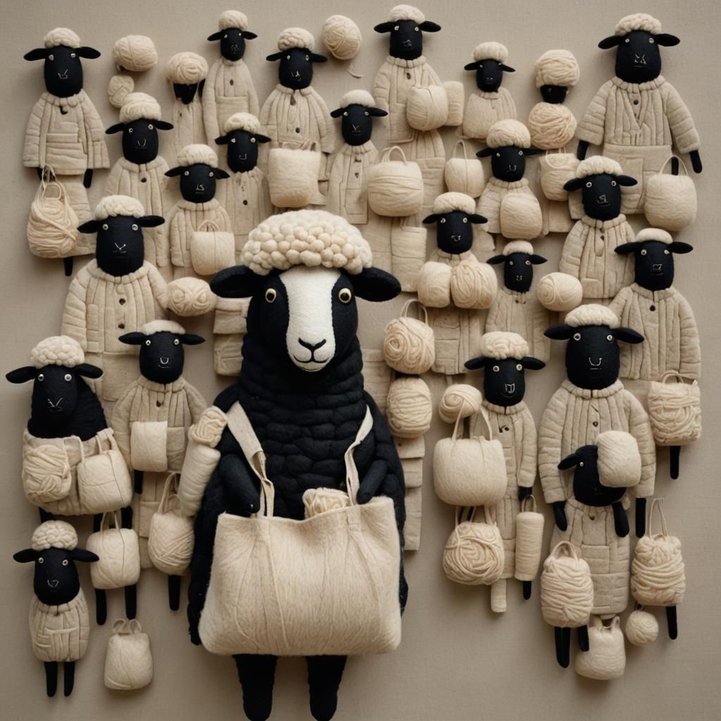 Black Sheep Wool Sculpture in Folk Art Style