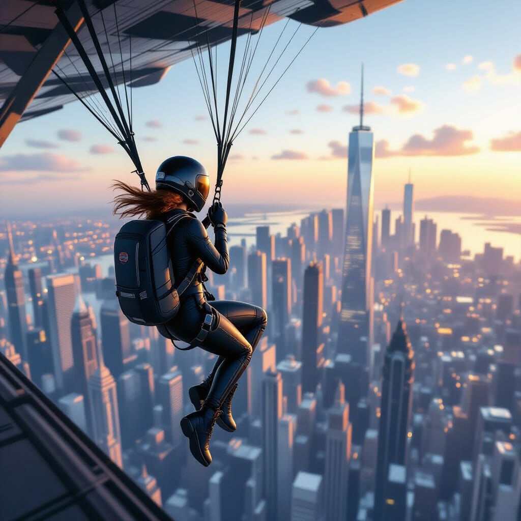 Parachute Woman Cityscape Matte Painting