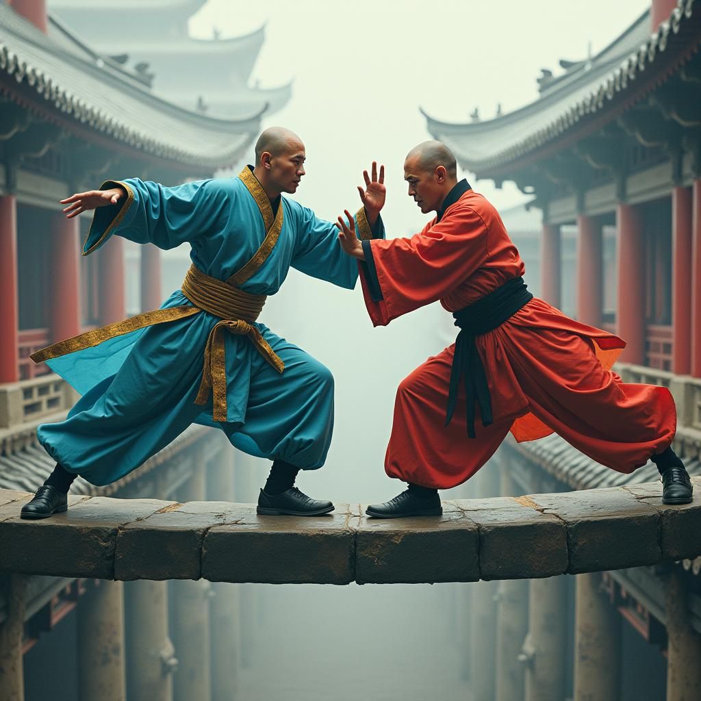 Kung Fu Monks Duel Above Ancient Temple