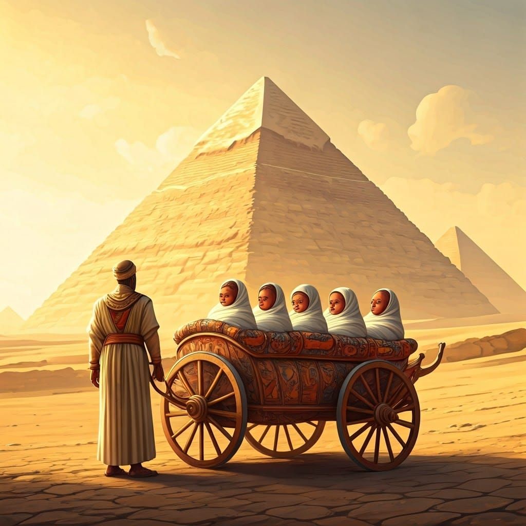 Ancient Egyptian Patriarch Guides Six Infants in Fantastical...