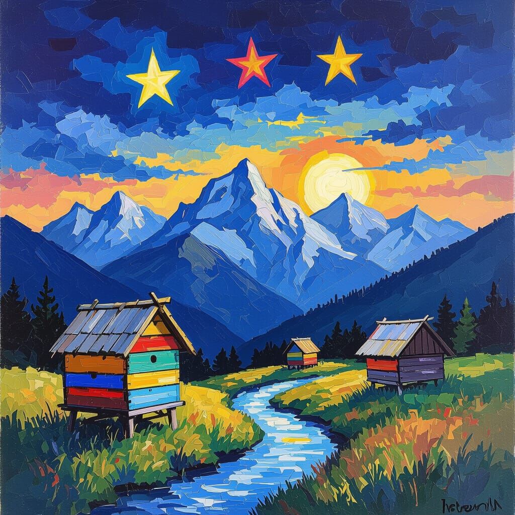 Triglav Mountains at Sunset: Gouache and Watercolor