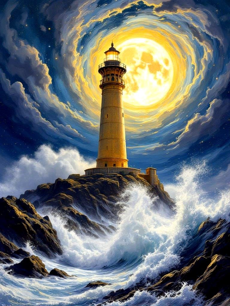 Majestic Golden Lighthouse in Turbulent Seas, Inspired by Gu...