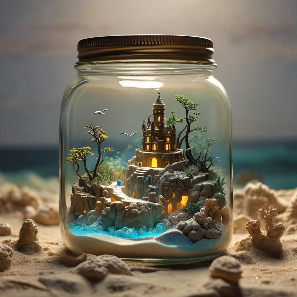 Sandcastle Biome in a Jar: Miniature 3D Anime Art