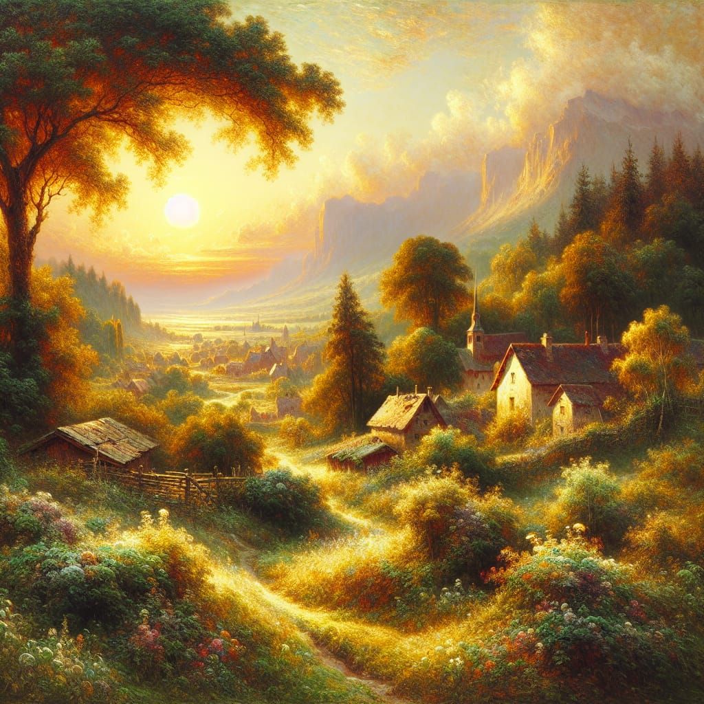 Idyllic Village in Light-Infused Romantic Style