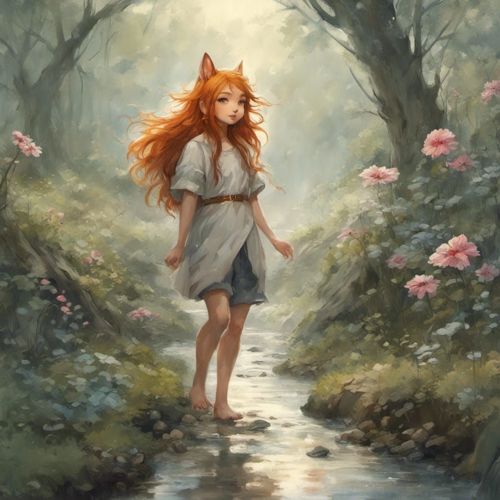 Adorable ginger Fox-girl VIXEN, heavy rain poring down, fore...
