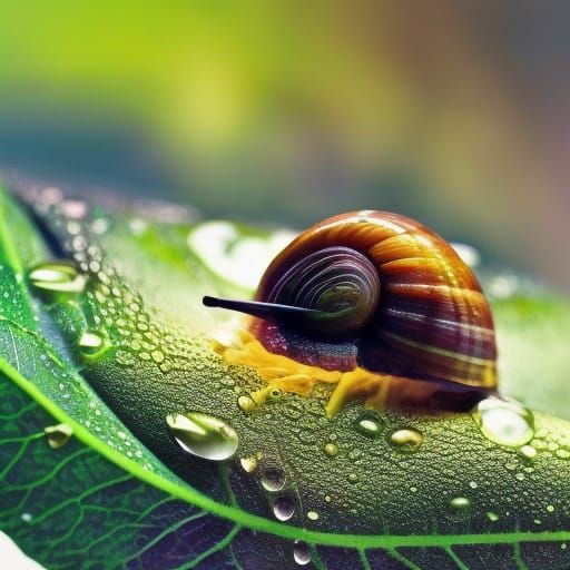 Hyperrealistic Snail on Leaf with Shimmering Light