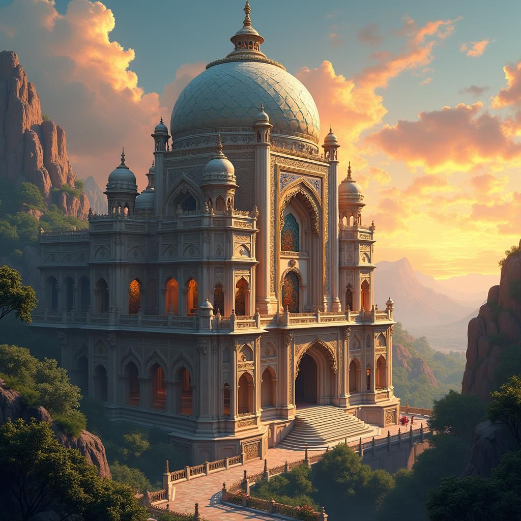 Majestic Indian Castle at Sunset: Digital Matte Painting
