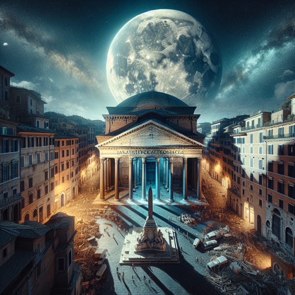 Full Moon Illuminates the Pantheon in Rome, Digital Matte Pa...