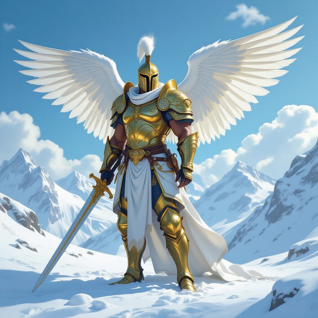 Majestic Angelic Warrior in Snowy Landscape