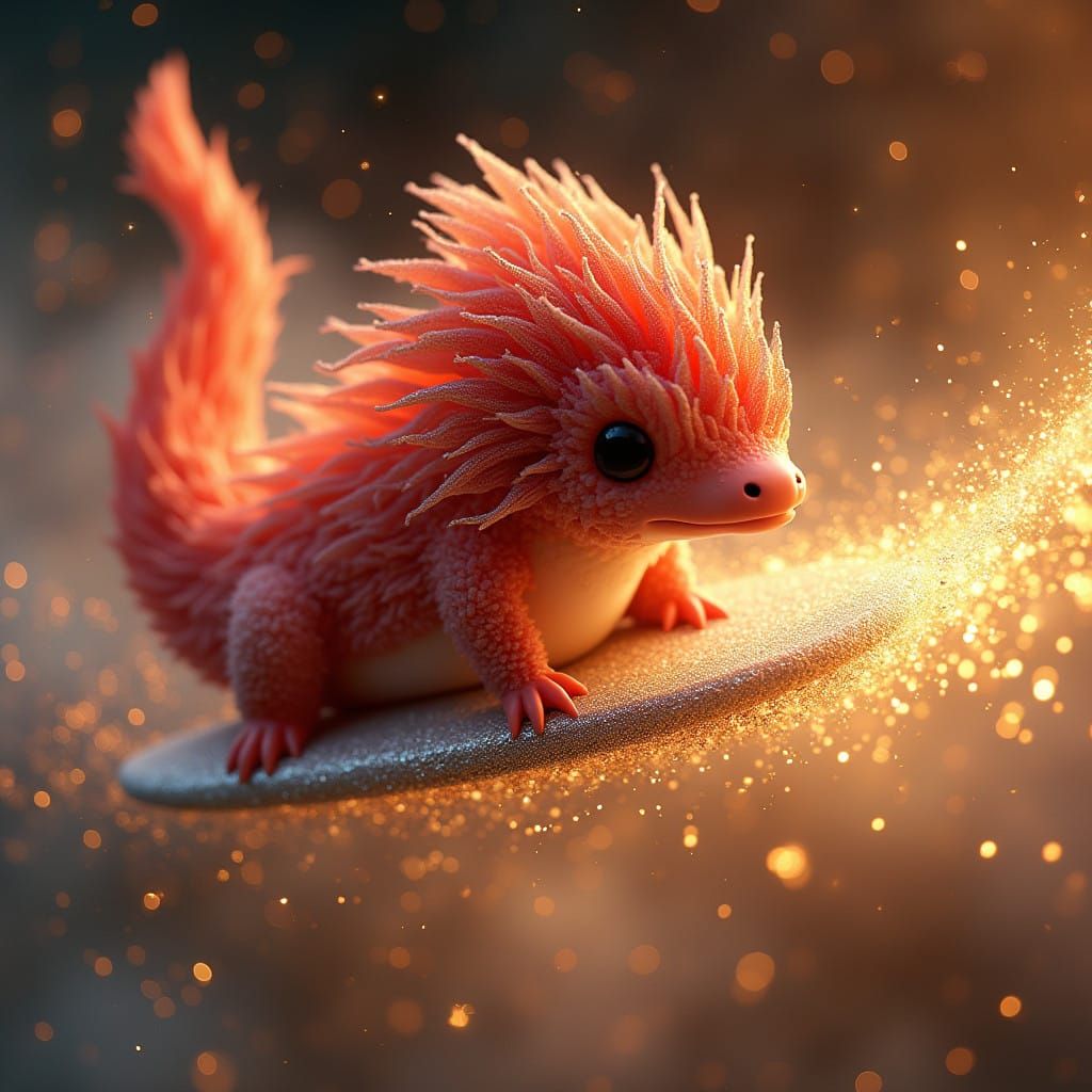 Luminous Red Platypus Surfer on Celestial Comet