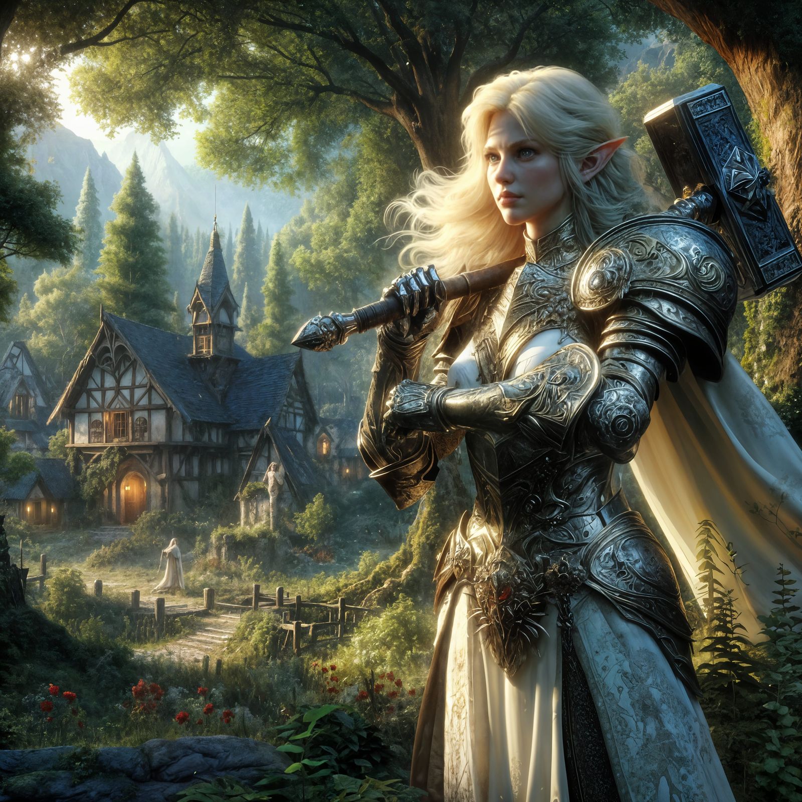 Serene White Knight Protects Quaint Village in Lush Forest