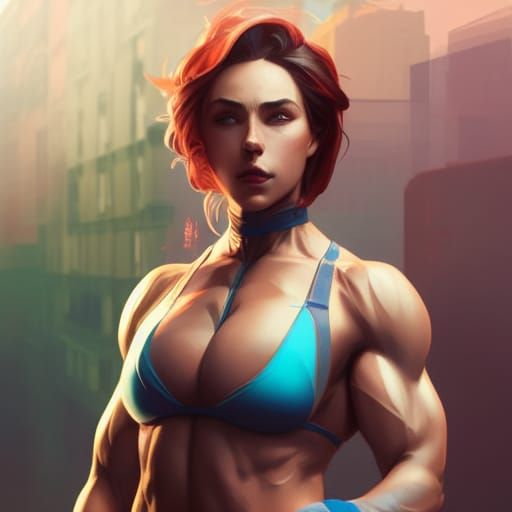 Hyperdetailed Muscle Girl in City Concept Art