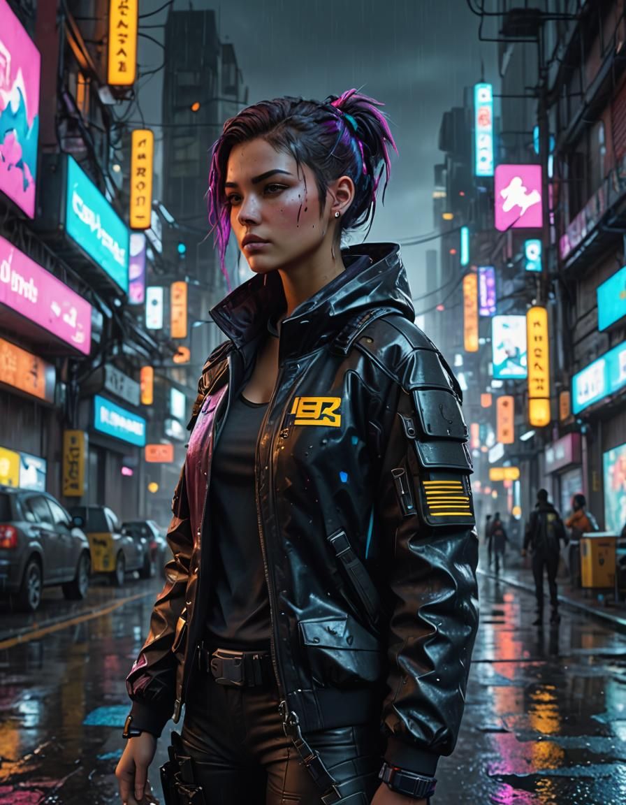 Cyberpunk City: Sci-Fi Protagonist in Rainy Evening