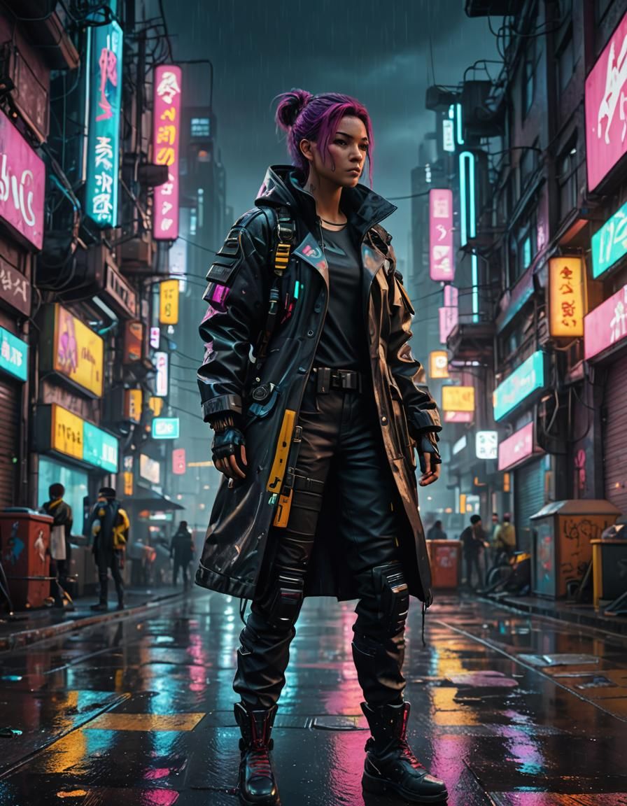 Cyberpunk Protagonist in Rainy City, Graffiti Art Style