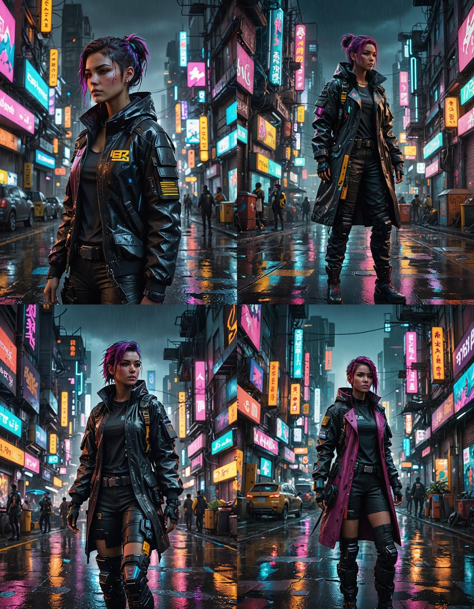 Cyberpunk Heroine in Rainy City, 3D Render