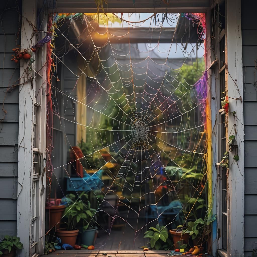Rainbow Spider Web on House Porch: Digital Painting
